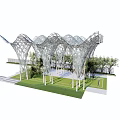 Modern Wavy Pergola Design With Geometric Lattice Green Lawn And Trees