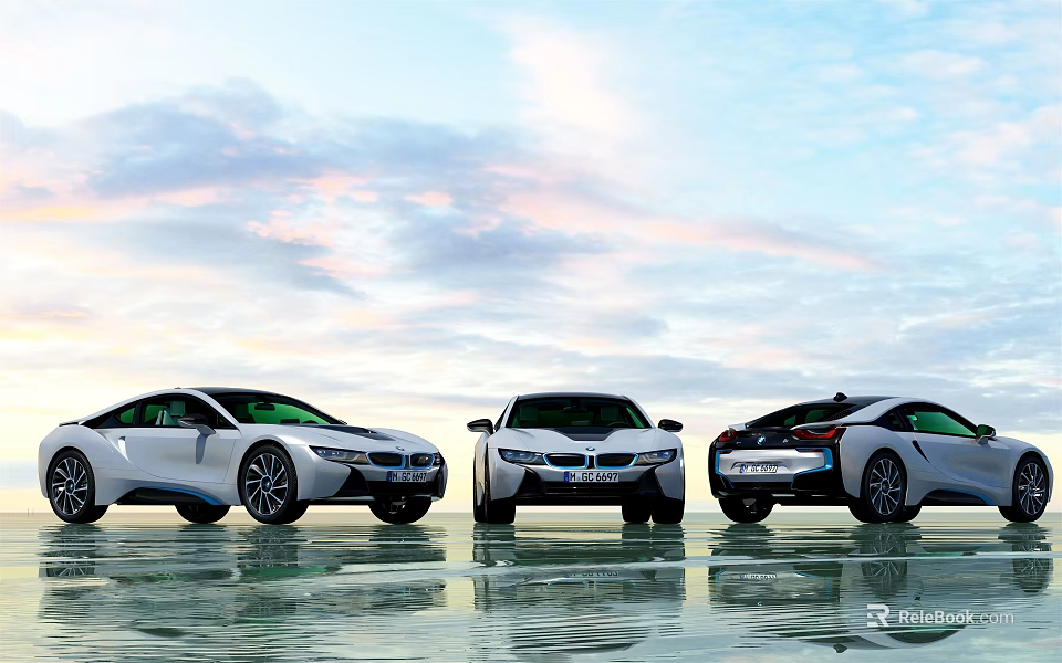 Three White Sports Cars Parked On Reflective Water Surface Under Cloudy Sky 3d model 