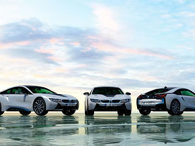 Three White Sports Cars Parked On Reflective Water Surface Under Cloudy Sky 3d model