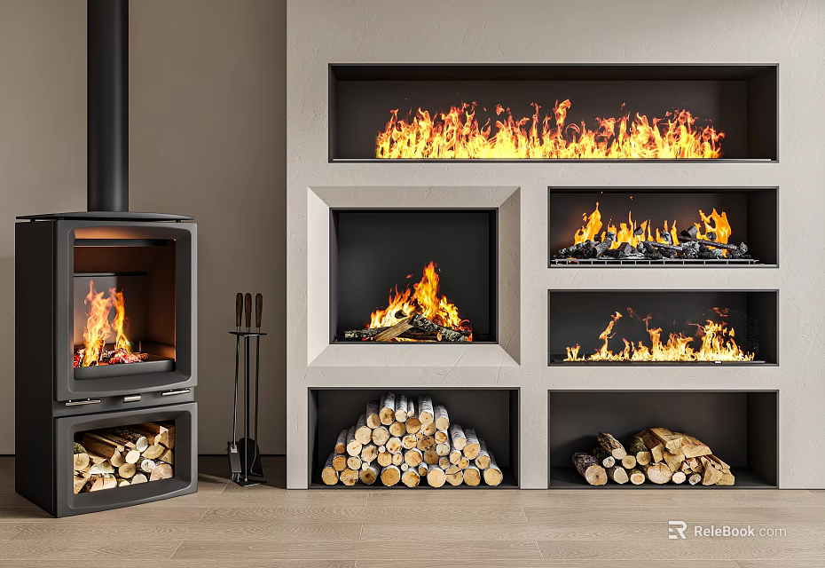 Independent And Built in Fireplaces Modern Design With Burning Flames And Stacked Firewood 3d model 