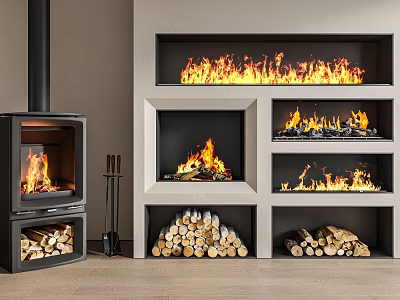 Independent And Built in Fireplaces Modern Design With Burning Flames And Stacked Firewood 3d model