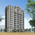 European Style High Rise Building With Classical Facade Trees And People Around
