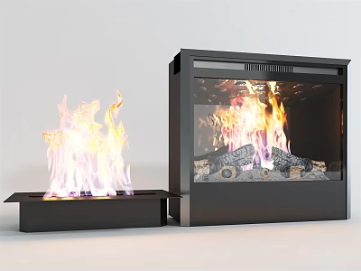 Modern Fireplaces With Open Flame And Glass Door Featuring Wood Logs 3d model