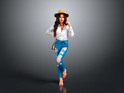 Stylish Daily Life Essentials With Straw Hat White Shirt Blue Ripped Jeans And Small Bag 3d model