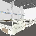 Clean Hospital Ward Interior Featuring White Medical Beds IV Stands And Wooden Door