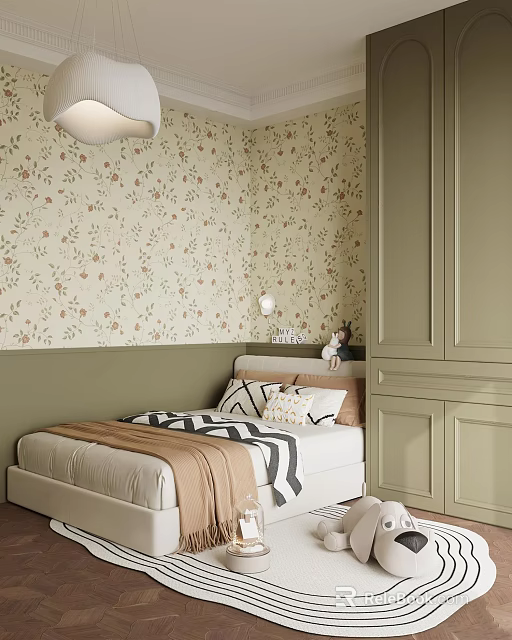 Cozy Kids Room Interior Design With Floral Wallpaper Green Cabinetry And Bed With Soft Bedding 3d model 