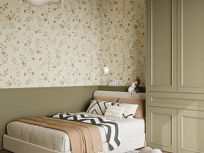 Cozy Kids Room Interior Design With Floral Wallpaper Green Cabinetry And Bed With Soft Bedding 3d model