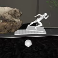 Leopard Sculpture On Rock And Running Human Sculpture With Dark Wall And Water Surface
