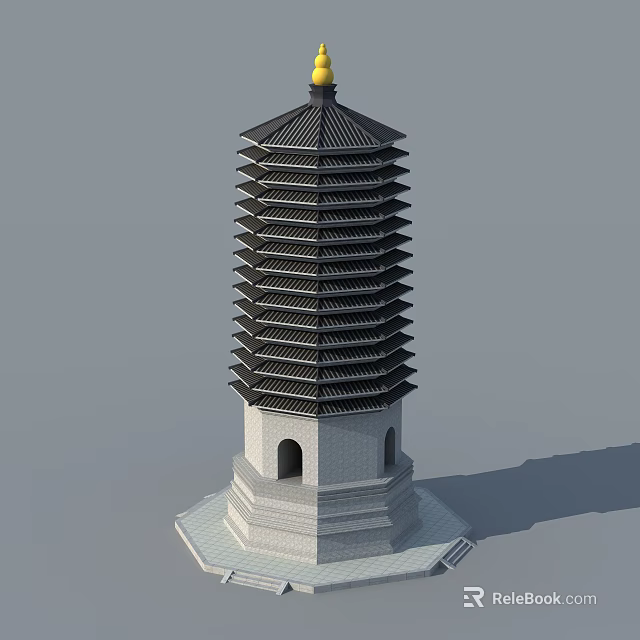 Ancient Architecture Pagoda With Multiple Black Roof Layers White Square Base And Golden Top 3d model 
