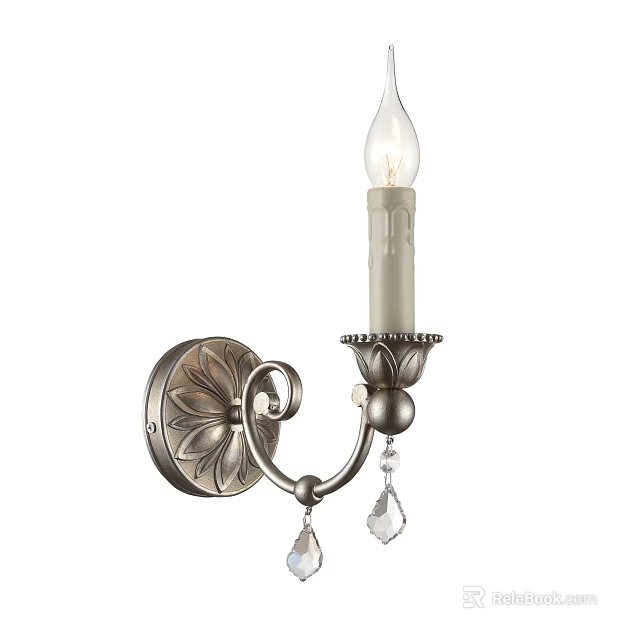 Vintage Style Wall Sconce With Ornate Metal Base Candle Shape And Crystal Pendants 3d model 