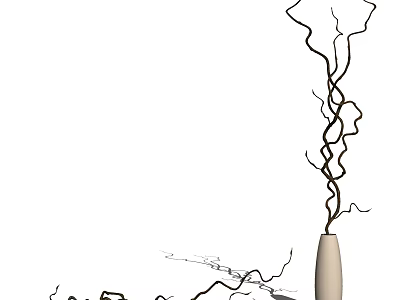 Beige Tall Vase with Curved Branches on White Background and Scattered Twigs 3d model