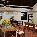 Traditional Restaurant Interior With Wooden Tables Chairs Green Vases Yellow Flowers Hanging Lamps And Calligraphy Scroll
