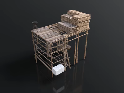 Wooden Scaffolding Construction Structure with Platform Ladder and Stacked Wooden Planks 3d model