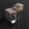 Wooden Scaffolding Construction Structure with Platform Ladder and Stacked Wooden Planks