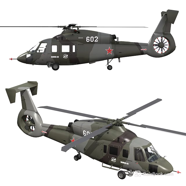 Detailed View of Military Camo Helicopter 602 with Rotors Tail and Cockpit Features 3d model 