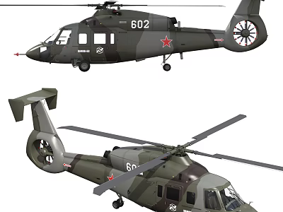 Detailed View of Military Camo Helicopter 602 with Rotors Tail and Cockpit Features 3d model