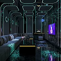 Modern KTV Interior Design With Neon Lights Comfortable Sofa TV Screen And Decorative Lights