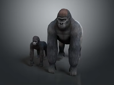 Realistic Adult and Baby Gorillas Standing 3D Render on Gray Background 3d model