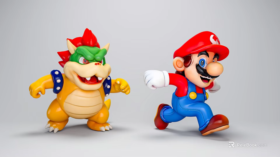 Super Mario Game Characters Mario With Red Hat And Bowser In Dynamic Action Poses 3d model 