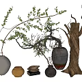 Various Shaped Vases With Green Plant Branches And Wooden Decor Accents