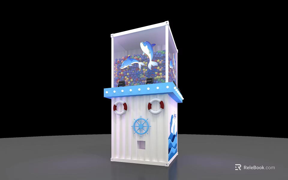 Ocean Themed Claw Machine Amusement Equipment with Dolphin Decor Lifebuoy and Ship Wheel Accents 3d model 