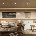 Cozy Boutique Guesthouse Bedroom With Wooden Flooring Sofa Decorative Wall Art And Potted Plant