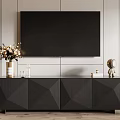 Modern Black TV Stand with Geometric Doors Decorative Vase Books Clock on Striped Wall