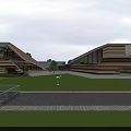 Modern Museum Building Design With Sloped Roof Glass Facade And Green Lawn