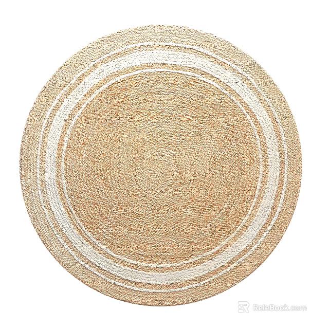 Handmade Natural Woven Round Area Rug With White Circular Patterns 3d model 