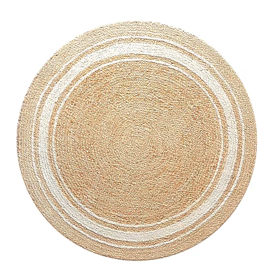 Handmade Natural Woven Round Area Rug With White Circular Patterns 3d model