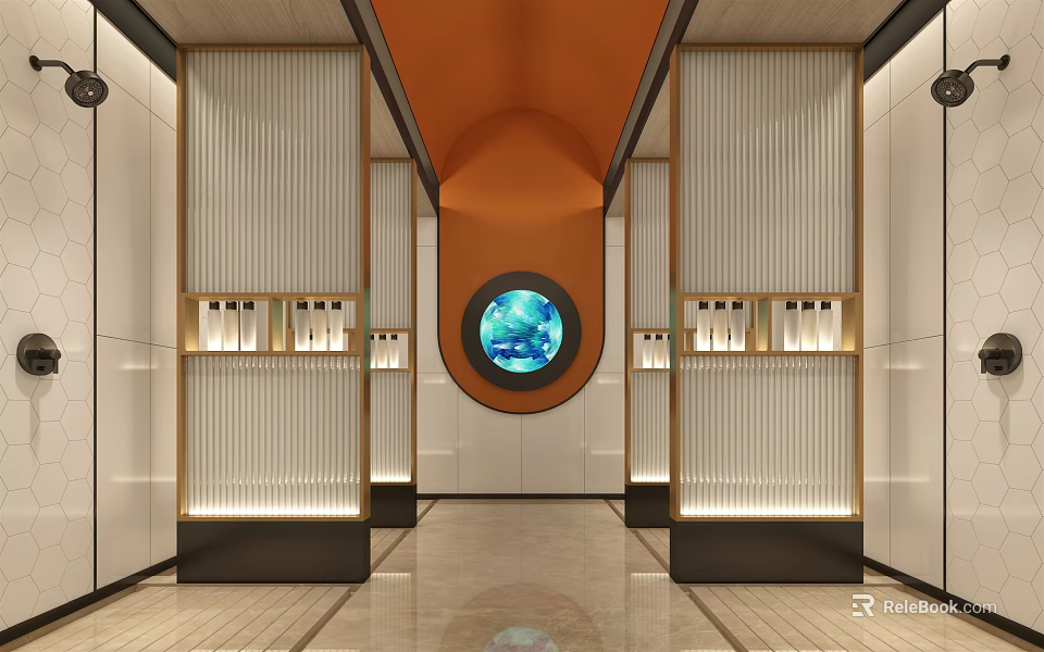 SPA Sauna Interior Design With Orange Dome Circular Blue Decor And Display Shelves 3d model 