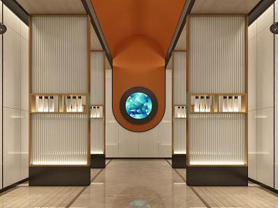 SPA Sauna Interior Design With Orange Dome Circular Blue Decor And Display Shelves 3d model