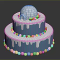 Two Tiered Blue And White Cake With Dripping Frosting Dome Top And Ball Decorations