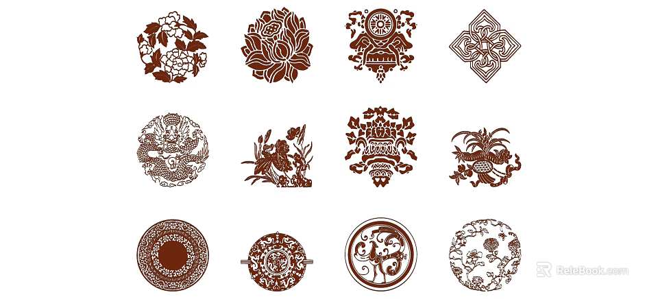 Traditional Chinese Carvings Featuring Various Floral Dragon and Ornamental Designs 3d model 
