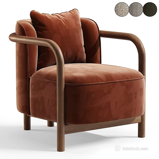 Brown Velvet Single Sofa With Modern Wooden Armrests And Comfortable Design 3d model 