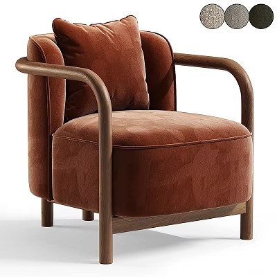 Brown Velvet Single Sofa With Modern Wooden Armrests And Comfortable Design 3d model