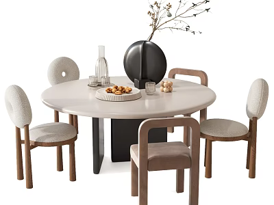 Modern Round Dining Table Set with Upholstered Chairs Wooden Legs and Decorative Vase 3d model