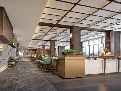 Modern Restaurant Interior Design With Geometric Ceiling Green Chairs Marble Counter And Potted Plant 3d model
