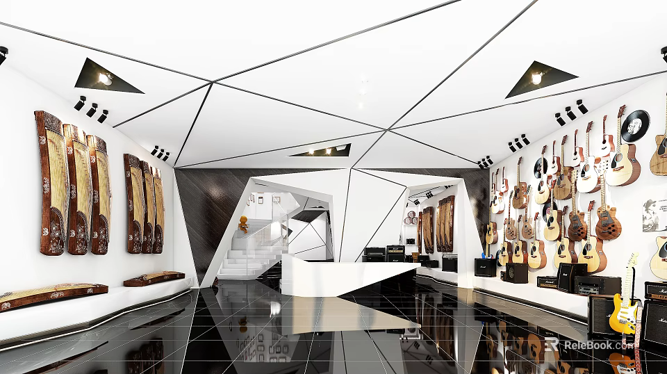 Modern Geometric Guitar Store With Wall Mounted Displays Shiny Black White Floor And Lighting 3d model 