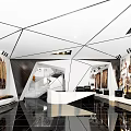 Modern Geometric Guitar Store With Wall Mounted Displays Shiny Black White Floor And Lighting