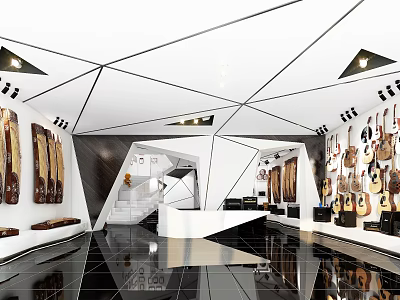 Modern Geometric Guitar Store With Wall Mounted Displays Shiny Black White Floor And Lighting 3d model
