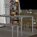 Modern Wooden Dining Table Set With Chairs Bench Vase Fruit And Coffee