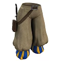 Brown Pants With Blue And Yellow Striped Cuffs Belt At Waist And Small Side Pouch