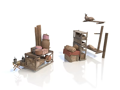 Rustic Wooden Storage Shelves With Woven Baskets Fabric And Decor Items 3d model