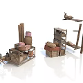 Rustic Wooden Storage Shelves With Woven Baskets Fabric And Decor Items