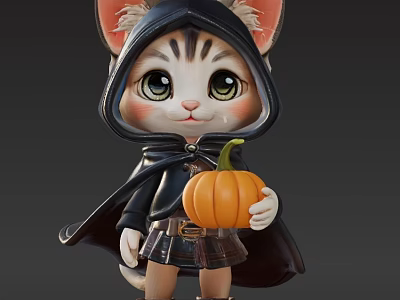 Cute Reptile Character In Black Cloak Holding Pumpkin For Halloween Theme 3d model