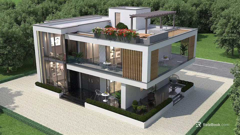 Modern Detached Villa With Large Glass Facade Rooftop Terrace And Lush Greenery 3d model 