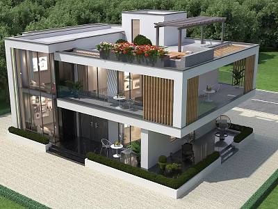 Modern Detached Villa With Large Glass Facade Rooftop Terrace And Lush Greenery 3d model