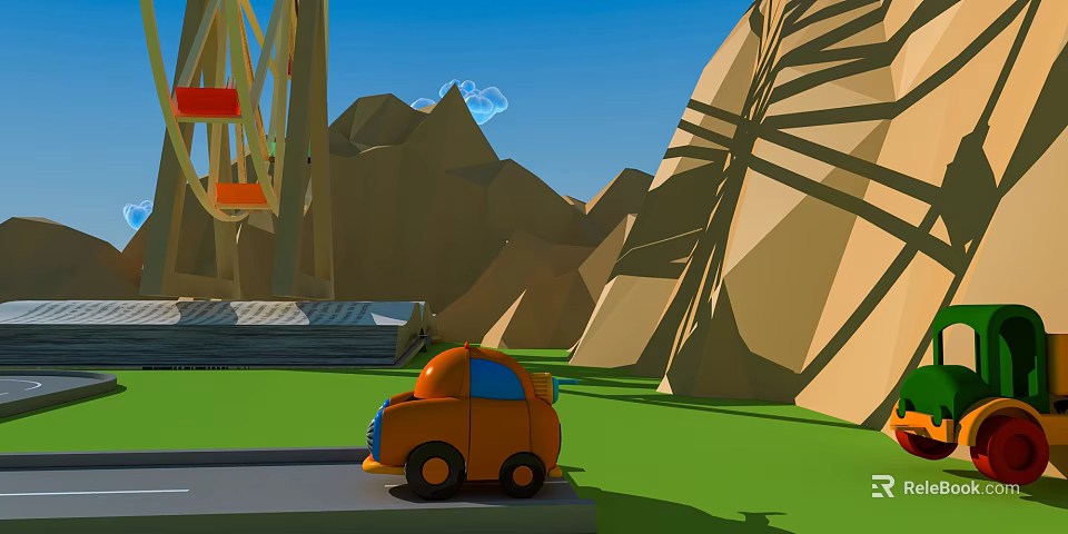 Cartoon Scene With Ferris Wheel Orange Car Green Grass Mountains Blue Sky And Clouds 3d model 