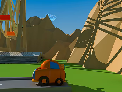 Cartoon Scene With Ferris Wheel Orange Car Green Grass Mountains Blue Sky And Clouds 3d model